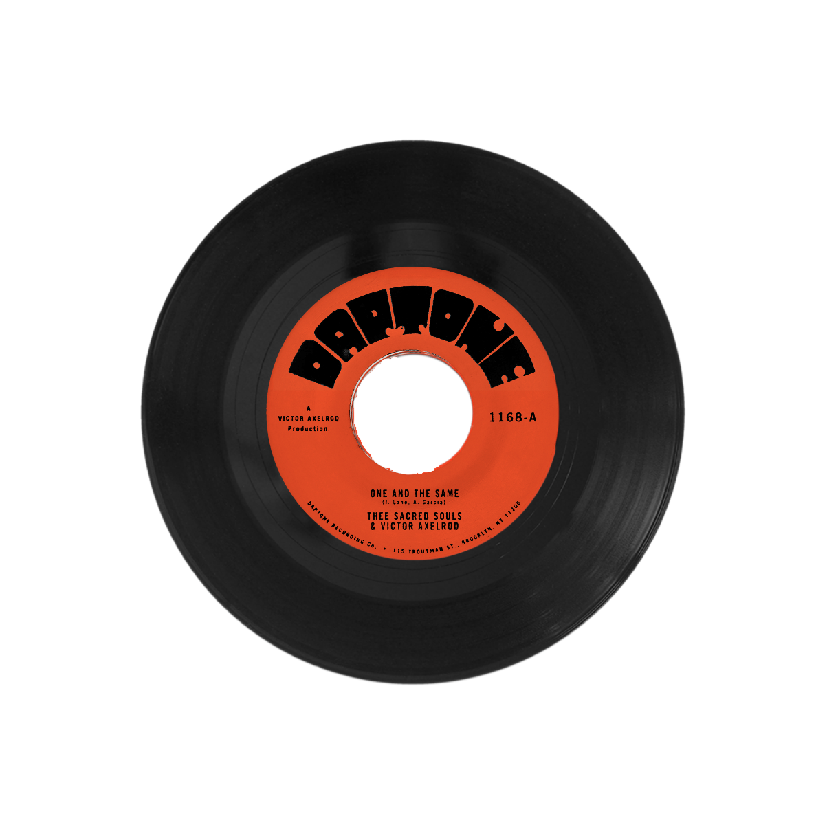 Black vinyl record with a red label on a white background